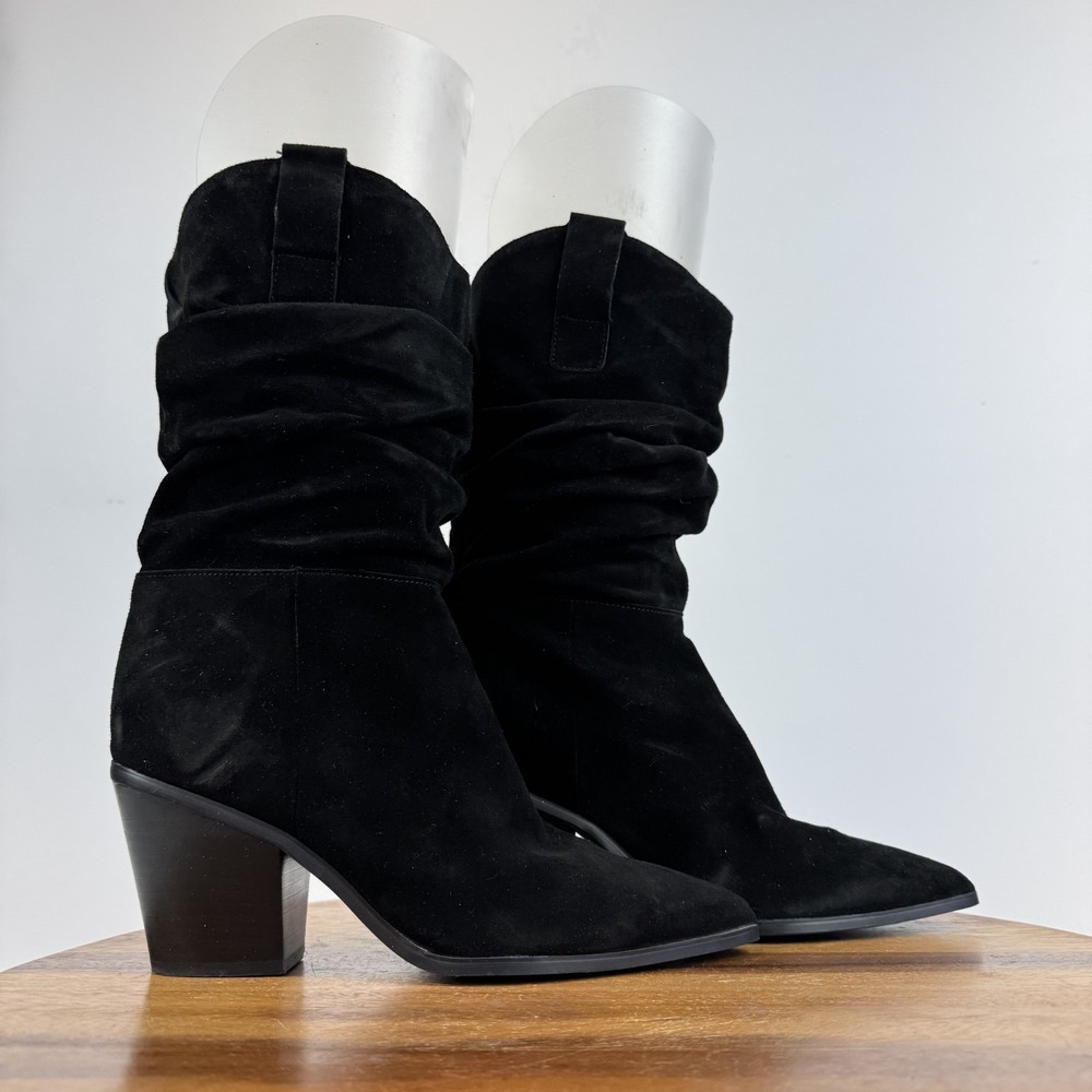 Womens Nine West Kadon Black Leather Scrunch Pull On Heeled Boots Size 7.5 M GUC